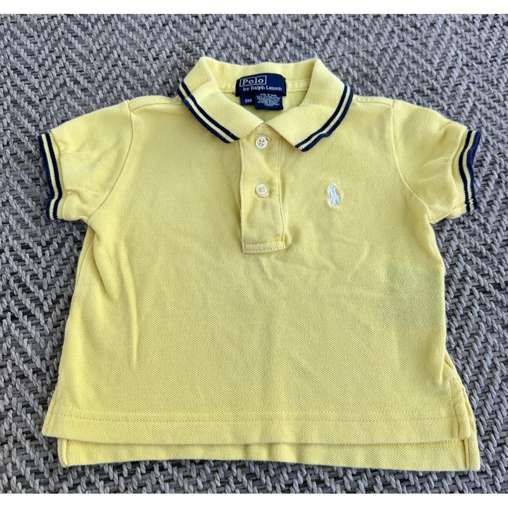 Ralph Lauren Baby Polo Shirt Solid Yellow Blue Stripe Infant 9 Months Logo EUC